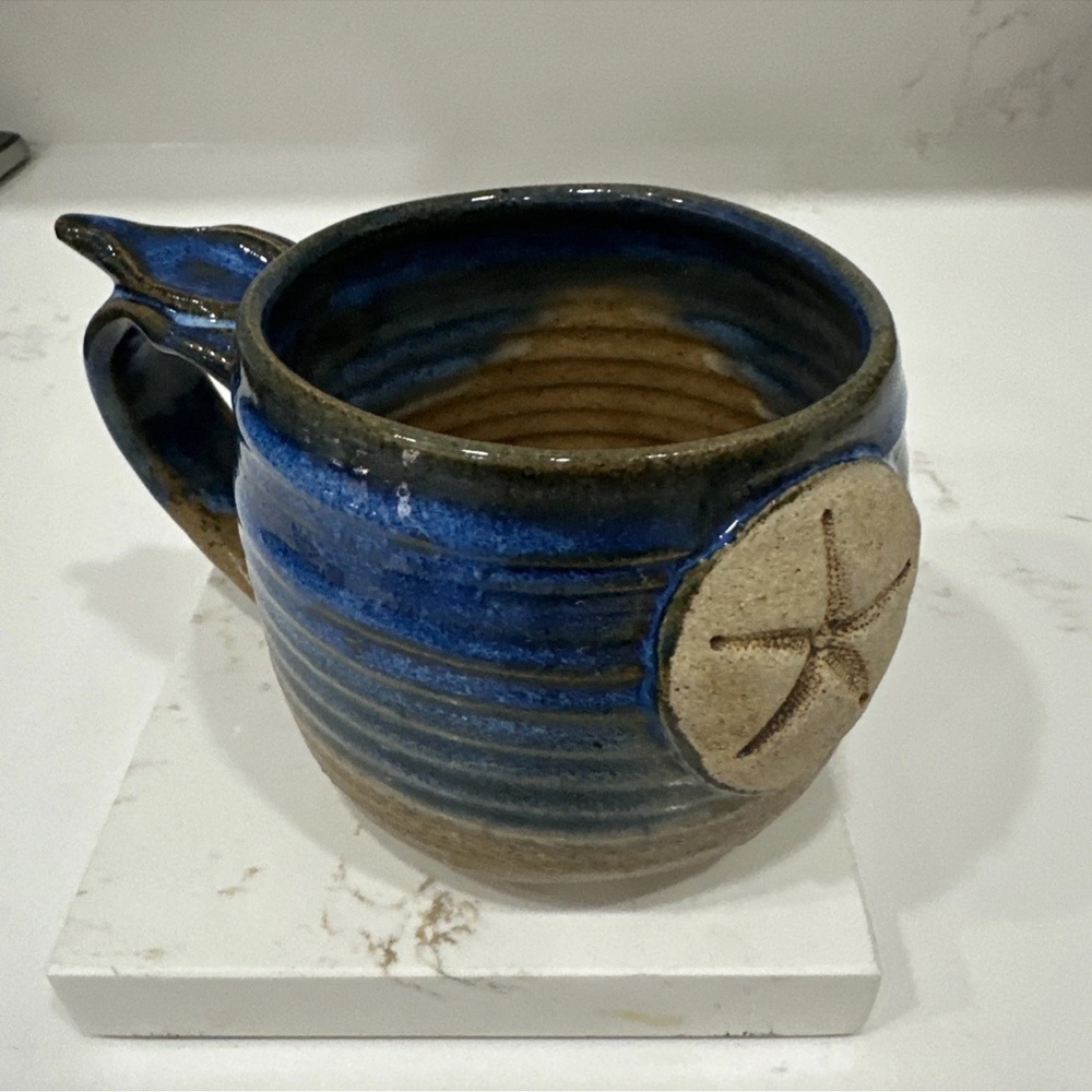 Stokes Pottery Mug Blue Glaze Embossed Sand Dollar Design 2000 Signed